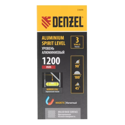 Уровень алюминиевый Denzel 33694, магнит, фрезерованный, 3 глазка (1 зеркал.), 0,5 мм/м, 1200 мм купить в Уфе