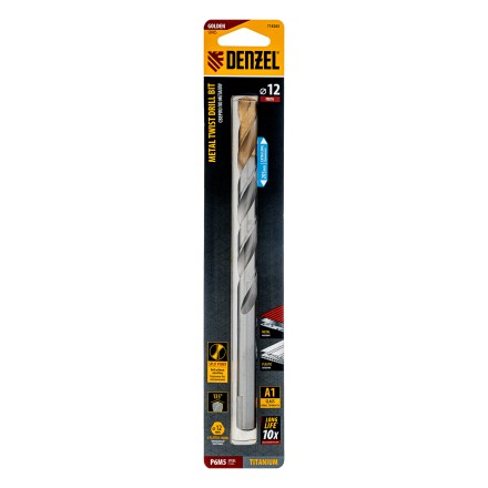 Сверло спиральное по металлу Denzel 12 x 205 мм, Р6М5, Golden Tip, удлиненное 718265 купить в Уфе
