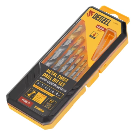 Набор сверл по металлу Denzel, 2-8мм, Р6М5-TiN, Golden Tip, 6 шт, 723000 купить в Уфе