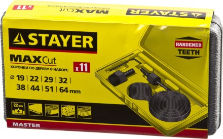 Набор STAYER &quot;MASTER&quot;: Коронки по дереву, d=11, 22, 29, 32, 35, 38, 44, 51, 64мм, 11шт 29600-H11 купить в Уфе