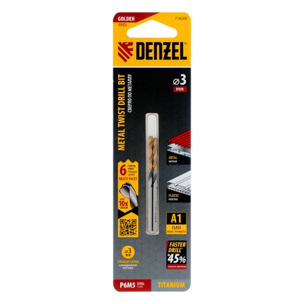 Сверло спиральное по металлу Denzel 3 x 61мм, Р6М5, Golden Tip, многогранная заточка, 2шт., 718268 купить в Уфе
