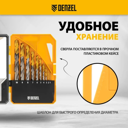 Набор сверл по металлу Denzel 723001, 1-10 мм, Р6М5-TiN, Golden Tip, 10 шт купить в Уфе