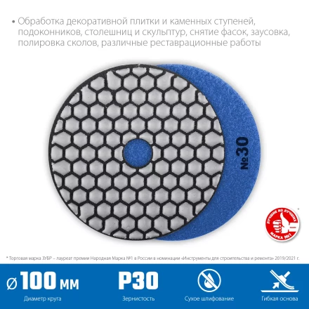 ЗУБР 100 мм, №30, сухое шлифование, алмазный гибкий шлифовальный круг АГШК, Профессионал (29868-030) купить в Уфе