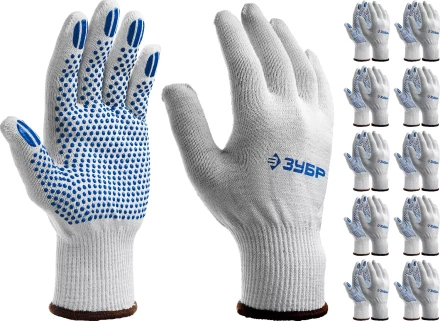 ЗУБР ТОЧКА+, L-XL, х/б перчатки с покрытием из ПВХ-геля, противоскользящие, точки увеличенного размера, 13 класс, 10 пар, Профессионал (11451-K10) купить в Уфе