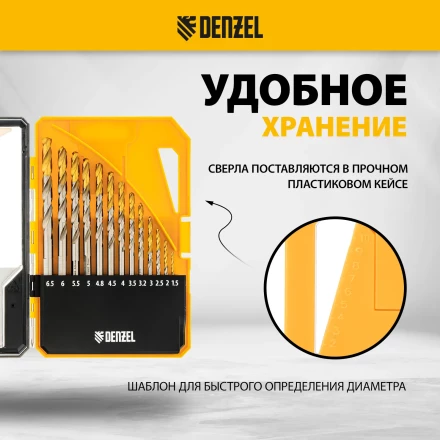 Набор сверл по металлу Denzel 723002, 1,5-6,5мм, Р6М5-TiN, Golden Tip, 13 шт купить в Уфе