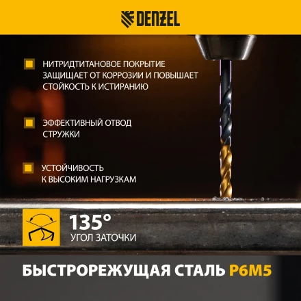 Набор сверл по металлу Denzel 723002, 1,5-6,5мм, Р6М5-TiN, Golden Tip, 13 шт купить в Уфе