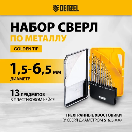 Набор сверл по металлу Denzel 723002, 1,5-6,5мм, Р6М5-TiN, Golden Tip, 13 шт купить в Уфе