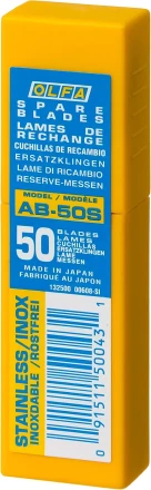 Лезвия OLFA сегментированные из нержавеющей стали, 9х80х0,38мм, 13 сегментов, 50шт OL-AB-50S купить в Уфе