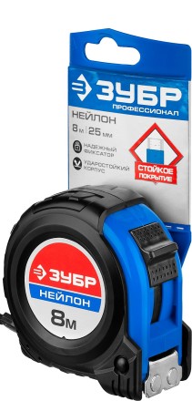 Рулетка ЗУБР &quot;НЕЙЛОН&quot;, нейлоновое покрытие, упрочненное полотно, ударопрочный обрезиненный корпус, 8м/25мм 34056-08-25_z01 купить в Уфе