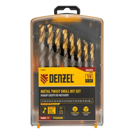 Набор сверл по металлу Denzel 723003, 1-10 мм, Р6М5-TiN, Golden Tip, 19 шт купить в Уфе