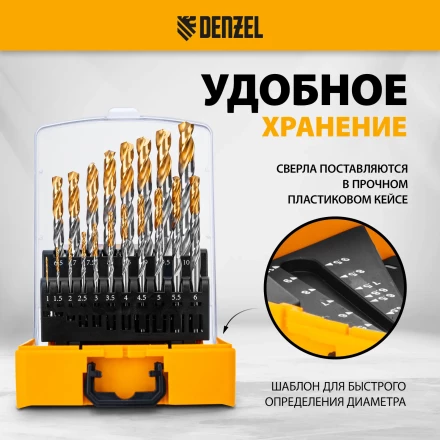 Набор сверл по металлу Denzel 723003, 1-10 мм, Р6М5-TiN, Golden Tip, 19 шт купить в Уфе