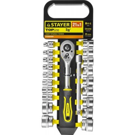 Набор STAYER &quot;STANDARD&quot;: Торцовые головки (3/8&quot;) на пластиковом рельсе, трещотка, удлинитель, 6-24мм, 21 предмет 27752-H21 купить в Уфе