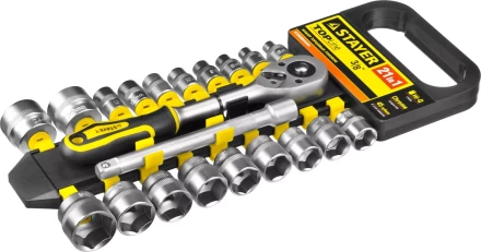 Набор STAYER &quot;STANDARD&quot;: Торцовые головки (3/8&quot;) на пластиковом рельсе, трещотка, удлинитель, 6-24мм, 21 предмет 27752-H21 купить в Уфе