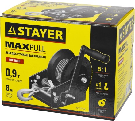 Лебедка ручная барабанная STAYER &quot;MASTER&quot;, тяговая, тросовая, 0,9т, 8м 43112-0.9 купить в Уфе