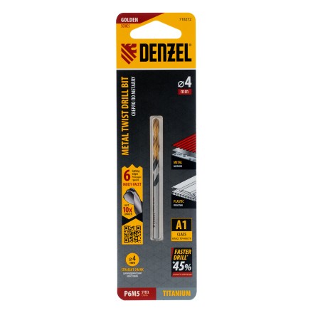 Сверло спиральное по металлу Denzel 4 x 75мм, Р6М5, Golden Tip, многогранная заточка 718272 купить в Уфе