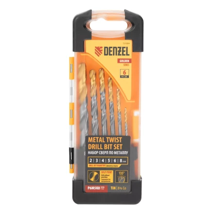 Набор сверл по металлу Denzel, 2-8мм, Р6М5К8-TiN, Golden Tip, 6 шт 723004 купить в Уфе