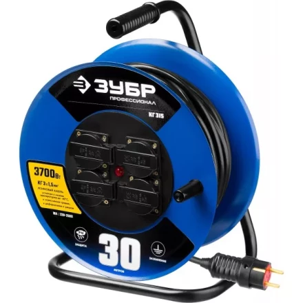 Удлинитель на катушке &quot;КГ 315&quot;, 30 м, 3700 Вт, 4 гнезда, IP44, КГ 3х1,5 кв мм, ЗУБР 55080-30 купить в Уфе