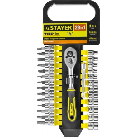 Набор STAYER &quot;STANDARD&quot;: Торцовые головки, биты-головки (1/4&quot;) на пластик рельсе, трещотка, удл-тель, 4-13мм, 28 пр. 27754-H28 купить в Уфе