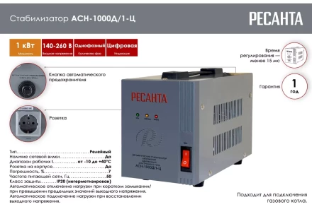 Стабилизатор напряжения Ресанта АСН-1000Д/1-Ц 63/6/38 купить в Уфе