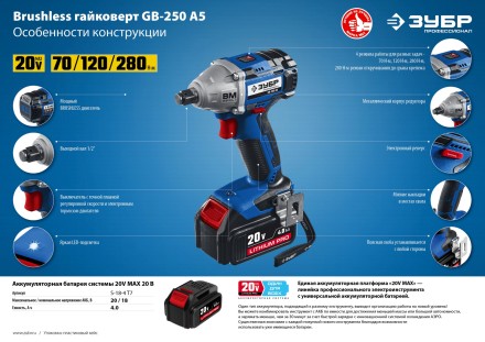 Ударный гайковерт аккумуляторный BL-motor 2 АКБ GB-250 A5 серия ПРОФЕССИОНАЛ купить в Уфе