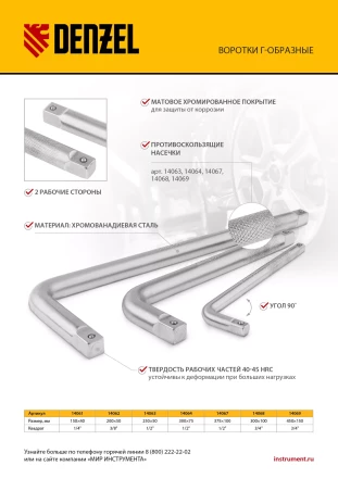 Вороток Г-образный, 150*40 мм, квадрат 1/4&quot;, CrV, матовый хром Denzel 14061 купить в Уфе