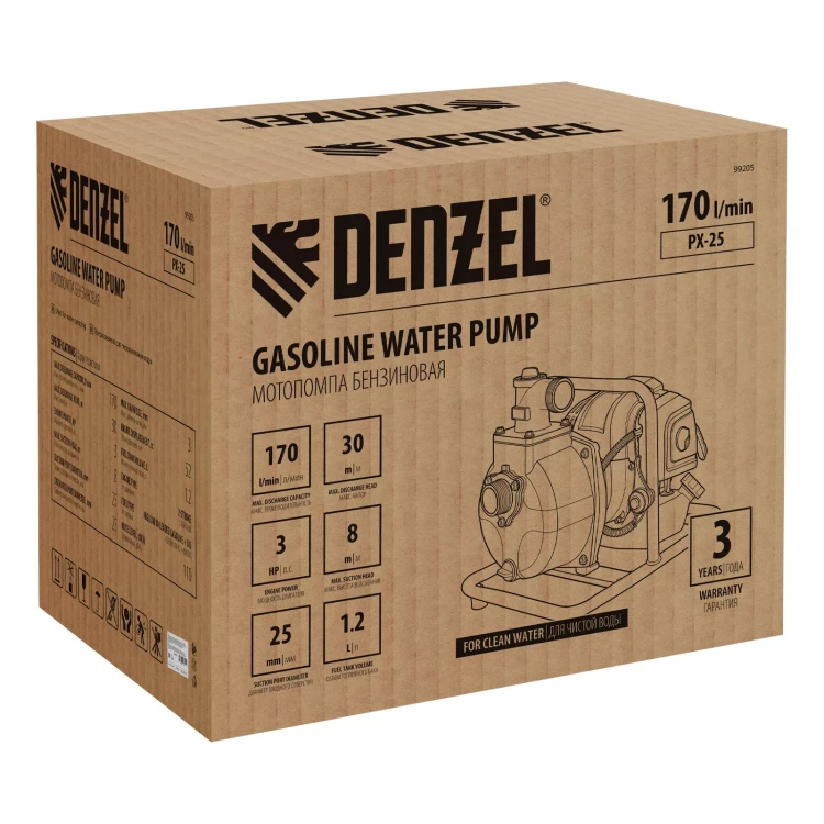 Мотопомпа бензиновая для чистой воды Denzel PX-25, 52 см3, 1", 170 л/мин, глуб 8 м, напор 30 м 99205 купить в Уфе