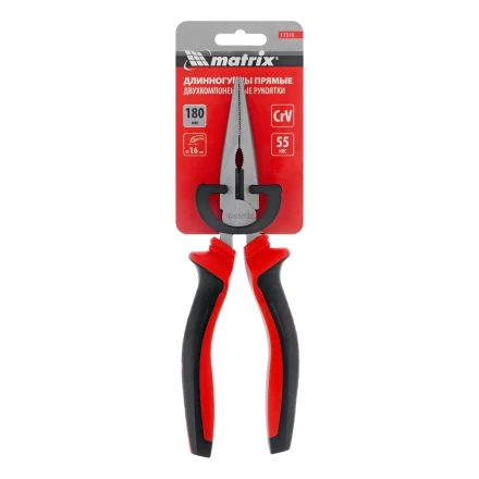 Длинногубцы прямые Matrix, 180 мм, хром-ванадий, двухкомпонентные рукоятки, 17310 купить в Уфе