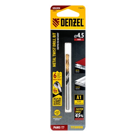 Сверло спиральное по металлу Denzel 4,5 x 80мм, Р6М5, Golden Tip, многогранная заточка 718274 купить в Уфе