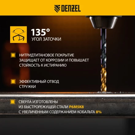 Набор сверл по металлу Denzel 723006, 1,5-6,5мм, Р6М5К8-TiN, Golden Tip, 13 шт купить в Уфе