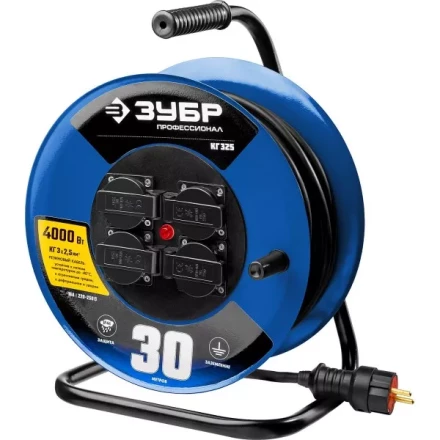 Удлинитель на катушке &quot;КГ 325&quot;, 30 м, 4000 Вт, 4 гнезда, IP44, КГ 3х2,5 кв мм, ЗУБР 55079-30 купить в Уфе