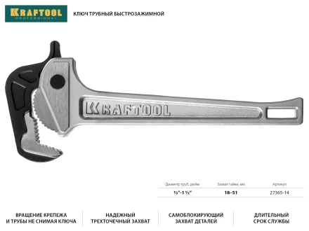Ключ KRAFTOOL &quot;MASTERGRIP&quot; трубный быстрозажимной, кованые губки, 1/2&quot;-2&quot; 27365-14 купить в Уфе