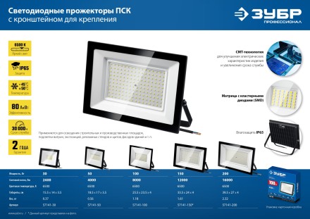 ЗУБР ПСК-50, 50 Вт, 6500 К, IP 65, светодиодный прожектор, Профессионал (57141-50) купить в Уфе