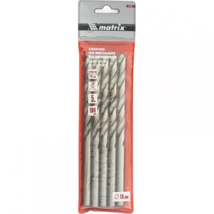 Сверло по металлу 10,0 х 184 мм полированное удлиненное HSS 5 штук цилиндрический хвостовик MATRIX 715100 купить в Уфе