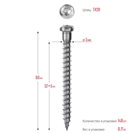 ЗУБР СПК, 60 х 5 мм, TX20, цинк, 140 шт, саморез для перфорированного крепежа, Профессионал (30061-50-60) купить в Уфе