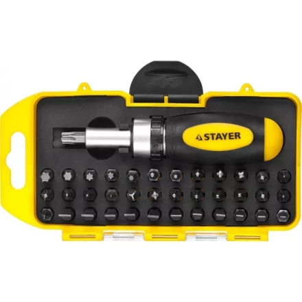 Отвертка реверсивная в наборе с битами, STAYER 2557-H38, Cr-V сталь, 38 предметов 2557-H38 купить в Уфе