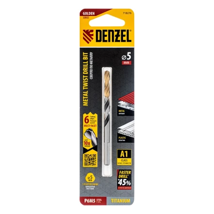Сверло спиральное по металлу Denzel 5 x 86мм, Р6М5, Golden Tip, многогранная заточка, 718276 купить в Уфе