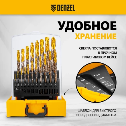 Набор сверл по металлу Denzel 723008, 1-10 мм, Р6М5К8-TiN, Golden Tip, 19 шт купить в Уфе