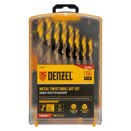 Набор сверл по металлу Denzel 723008, 1-10 мм, Р6М5К8-TiN, Golden Tip, 19 шт купить в Уфе