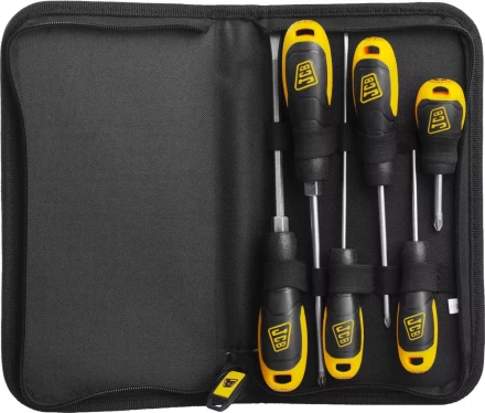 Набор JCB: Отвертки, хромомолибденовая сталь S2, двухкомпонентные рукоятки, магнитный наконечник, 7 предм, чехол JSD019 купить в Уфе