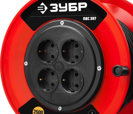 Удлинитель на катушке &quot;ПВС 307&quot;, 30 м, 2500 Вт, 4 гнезда, ПВС 3х0,75 кв мм, ЗУБР 55083-30 купить в Уфе
