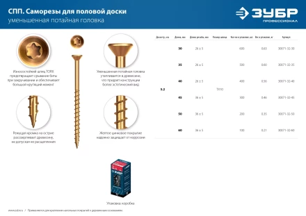 ЗУБР СПП, 35 х 3.2 мм, TX10, цинк, 500 шт, саморез для половой доски и паркета, Профессионал (30071-32-35) купить в Уфе