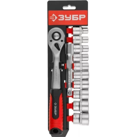 Набор ЗУБР &quot;МАСТЕР&quot;: Торцовые головки (1/2&quot;) на пластиковом рельсе, трещотка, удлинитель, Cr-V, 10-24мм, 12 предметов 27647-H12 купить в Уфе