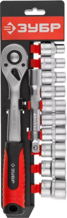 Набор ЗУБР &quot;МАСТЕР&quot;: Торцовые головки (1/2&quot;) на пластиковом рельсе, трещотка, удлинитель, Cr-V, 10-24мм, 12 предметов 27647-H12 купить в Уфе