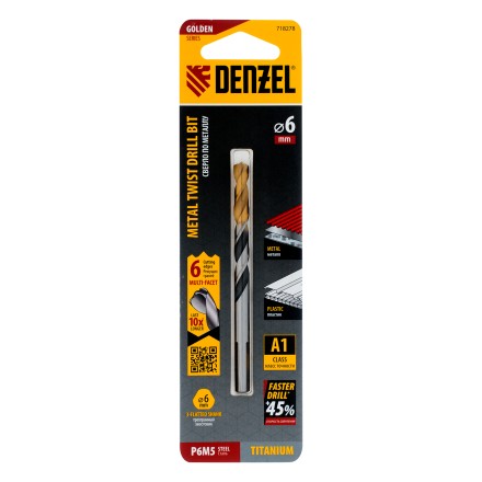 Сверло спиральное по металлу 6 x 93мм, Р6М5, Golden Tip, многогранная заточка Denzel 718278 купить в Уфе