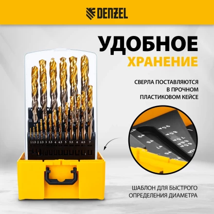 Набор сверл по металлу Denzel 723010, 1-13 мм, Р6М5К8-TiN, Golden Tip, 25 шт купить в Уфе