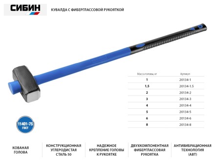Кувалда с фиберглассовой рукояткой СИБИН, 2 кг 20134-2 купить в Уфе