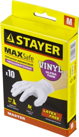 Перчатки STAYER &quot;MASTER&quot; виниловые экстратонкие, M, 10шт 11208-M купить в Уфе