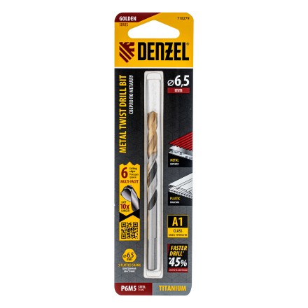 Сверло спиральное по металлу Denzel 6,5 x 93мм, Р6М5, Golden Tip, многогранная заточка, 718279 купить в Уфе