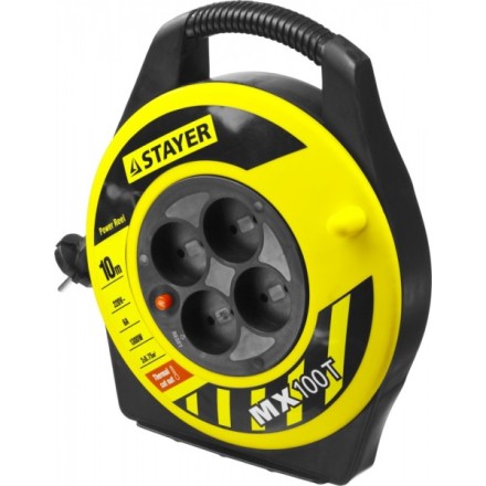 Удлинитель на катушке &quot;MX100T&quot;, 10 м, 4 гнезда, ПВС 2x0,75 кв мм, 1300 Вт, STAYER 55071-10 купить в Уфе