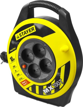 Удлинитель на катушке &quot;MX100T&quot;, 10 м, 4 гнезда, ПВС 2x0,75 кв мм, 1300 Вт, STAYER 55071-10 купить в Уфе